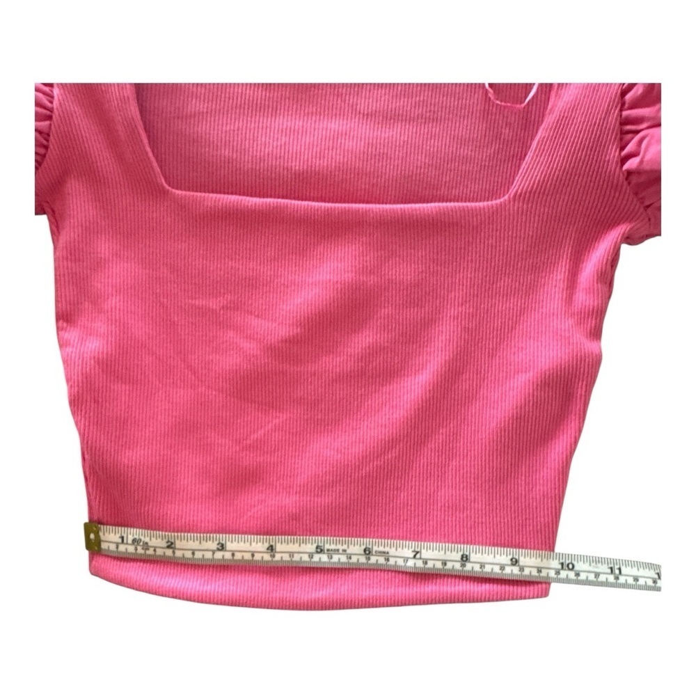 ZARA Pink Puff Balloon Sleeve Ribbed Crop Top Sz S Ruffle Feminine - Picture 5 of 12